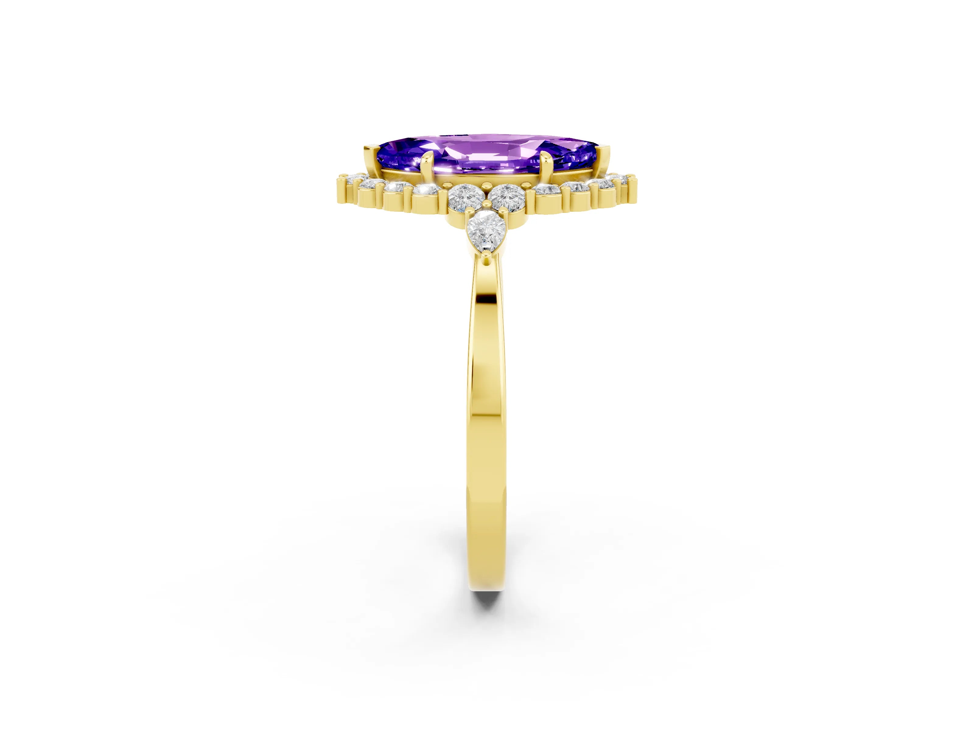 Yellow gold Marquise Cut Tanzanite Halo Ring with Pear Side Stones and Prong Setting_14