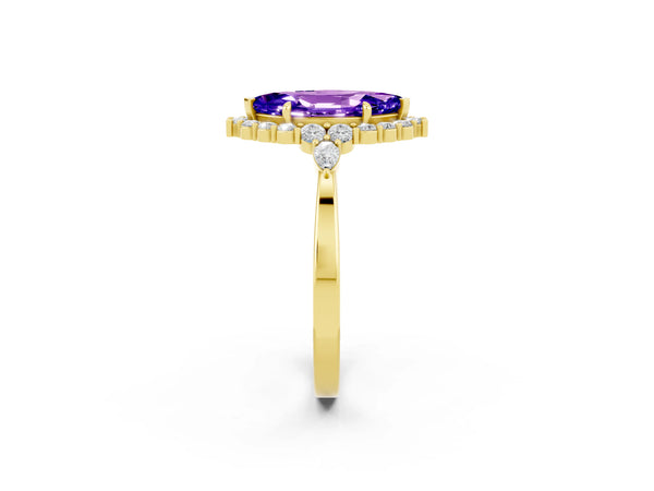 Yellow gold Marquise Cut Tanzanite Halo Ring with Pear Side Stones and Prong Setting
