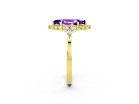 Yellow gold Marquise Cut Tanzanite Halo Ring with Pear Side Stones and Prong Setting_14