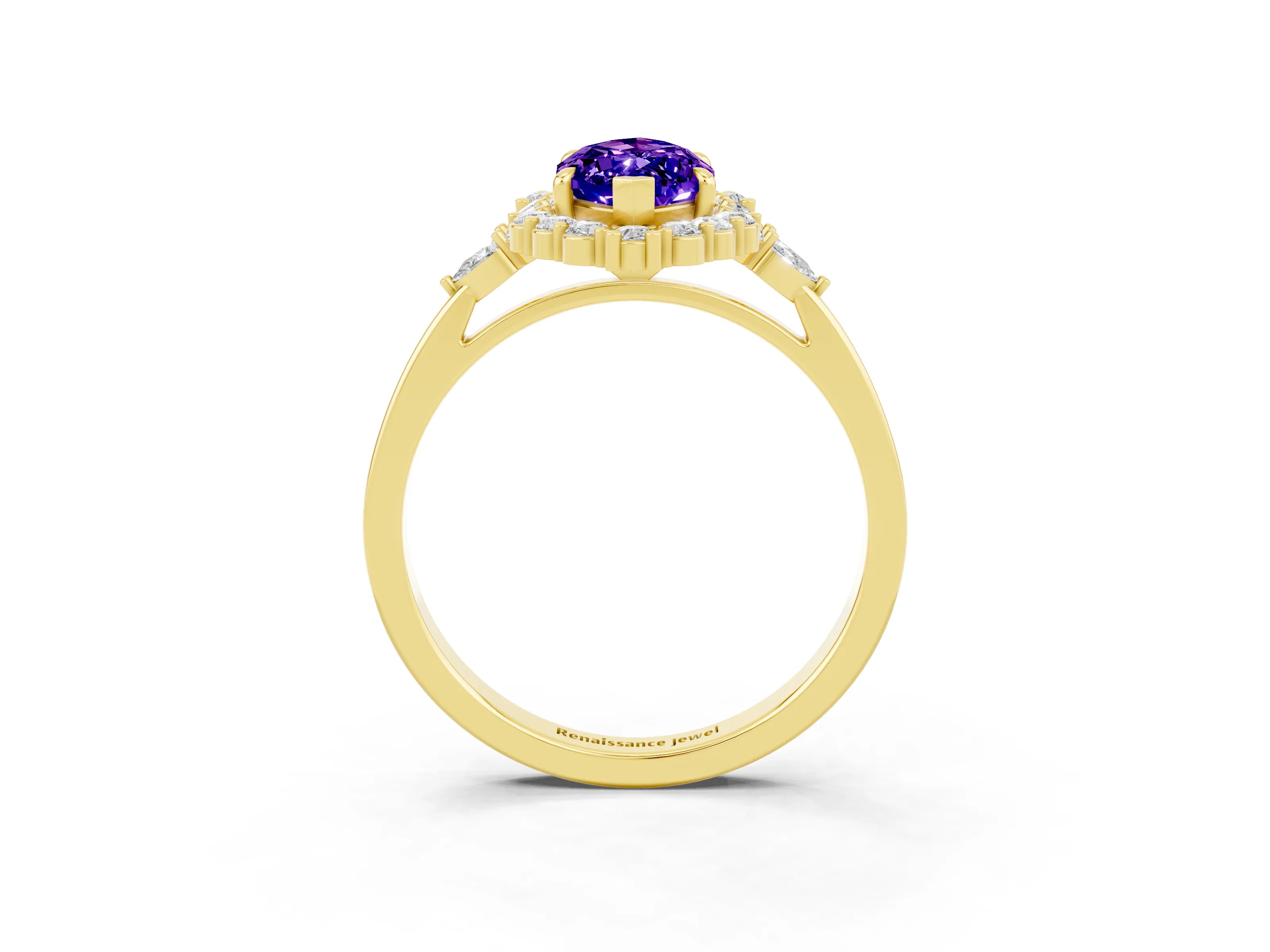 Yellow gold Marquise Cut Tanzanite Halo Ring with Pear Side Stones and Prong Setting_15