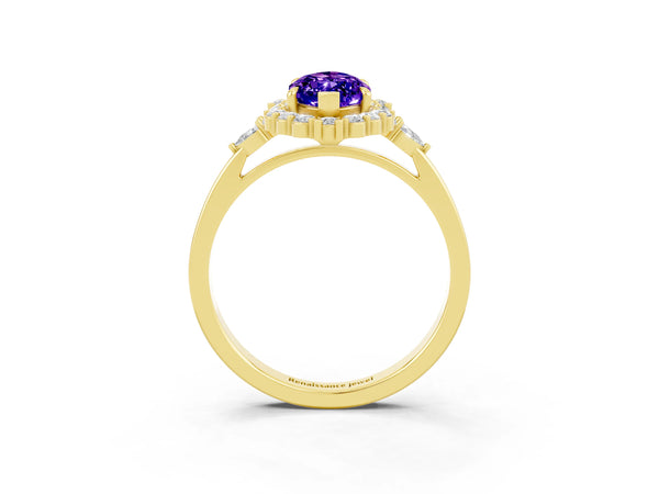 Yellow gold Marquise Cut Tanzanite Halo Ring with Pear Side Stones and Prong Setting