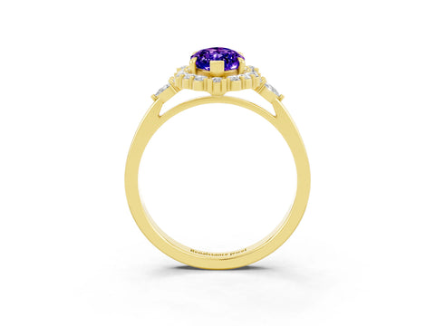 Yellow gold Marquise Cut Tanzanite Halo Ring with Pear Side Stones and Prong Setting_15
