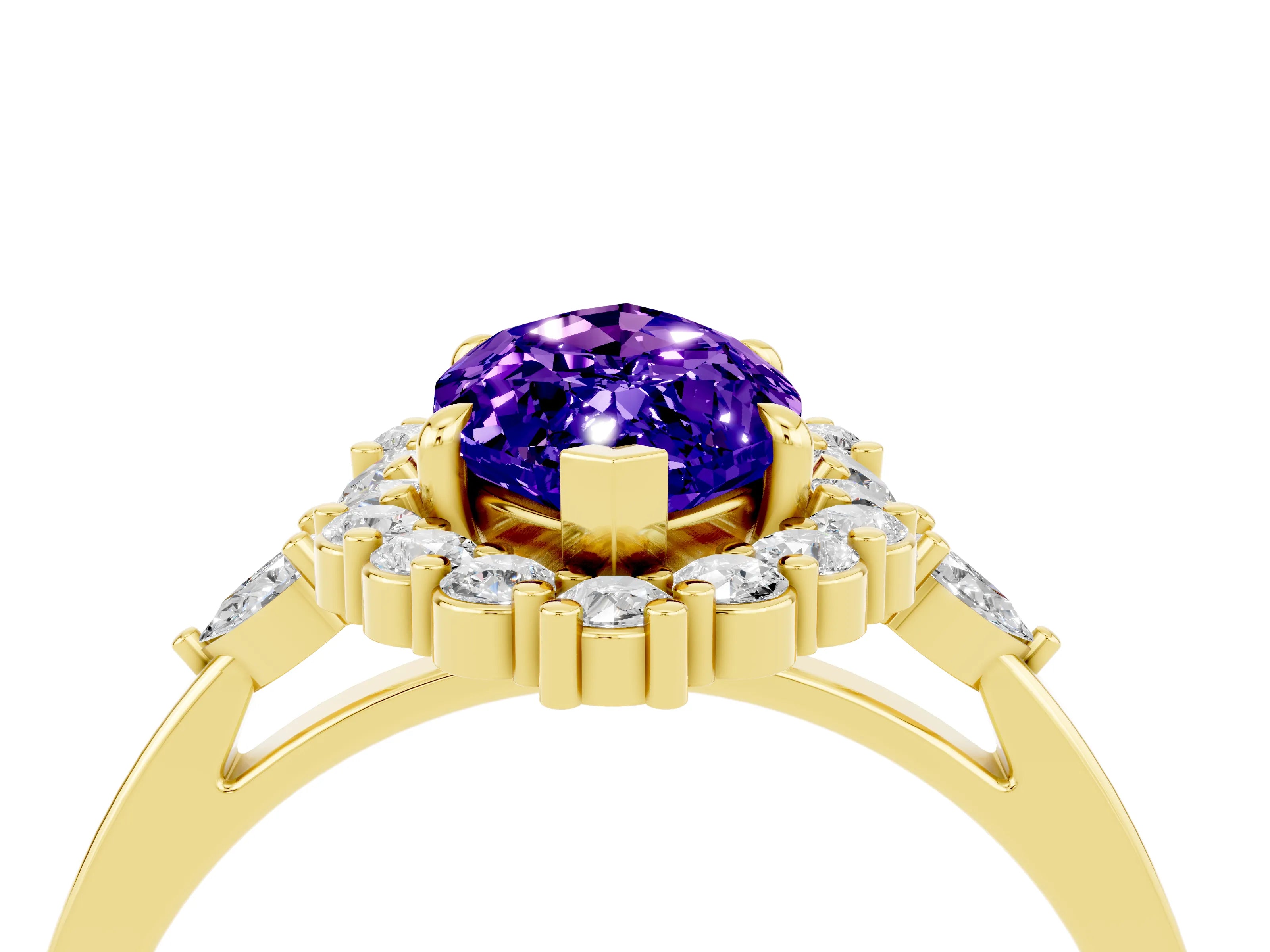 Yellow gold Marquise Cut Tanzanite Halo Ring with Pear Side Stones and Prong Setting_16