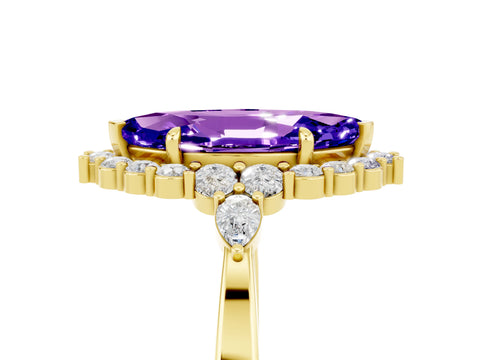 Yellow gold Marquise Cut Tanzanite Halo Ring with Pear Side Stones and Prong Setting_17