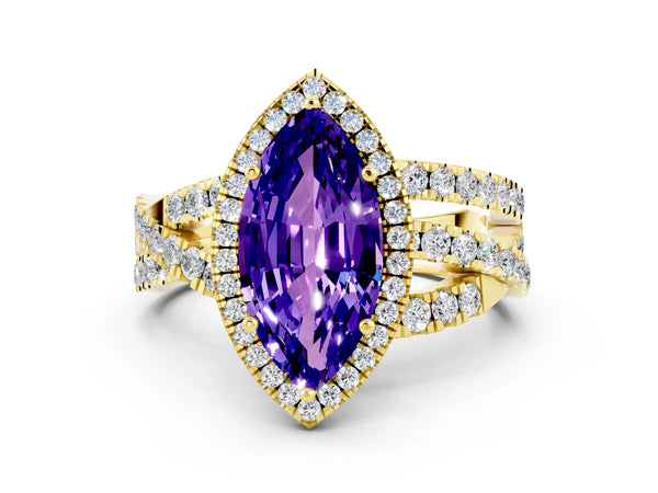 Yellow gold Marquise Cut Tanzanite Halo Ring with Round Split Shank and Prong Setting