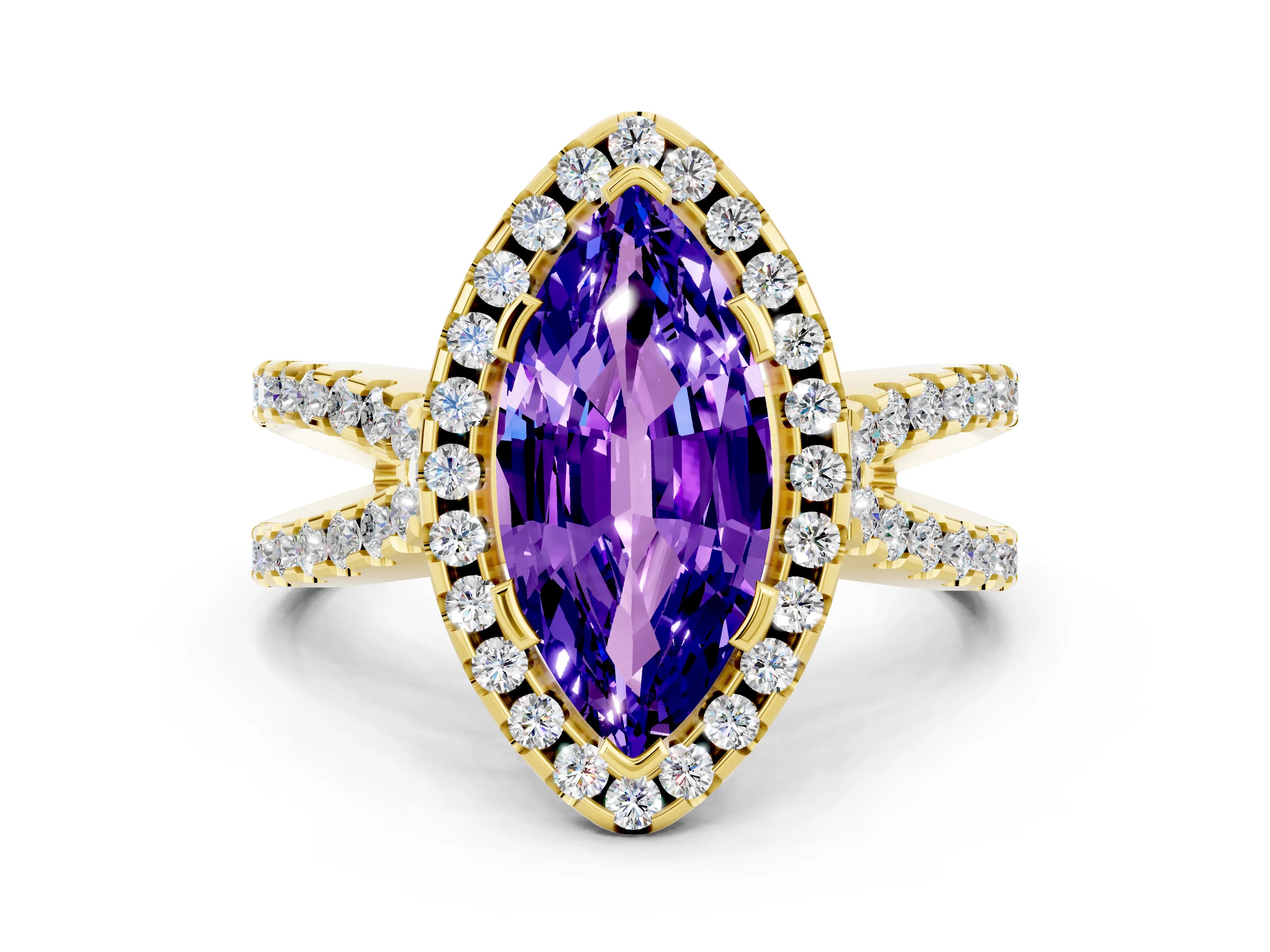 Yellow gold Marquise Cut Tanzanite Halo Ring with Split Shank Pavé Band and Prong Setting