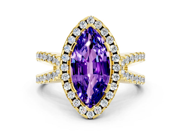 Yellow gold Marquise Cut Tanzanite Halo Ring with Split Shank Pavé Band and Prong Setting