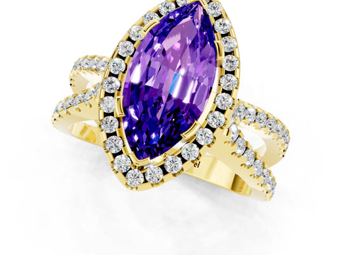 Yellow gold Marquise Cut Tanzanite Halo Ring with Split Shank Pavé Band and Prong Setting_1