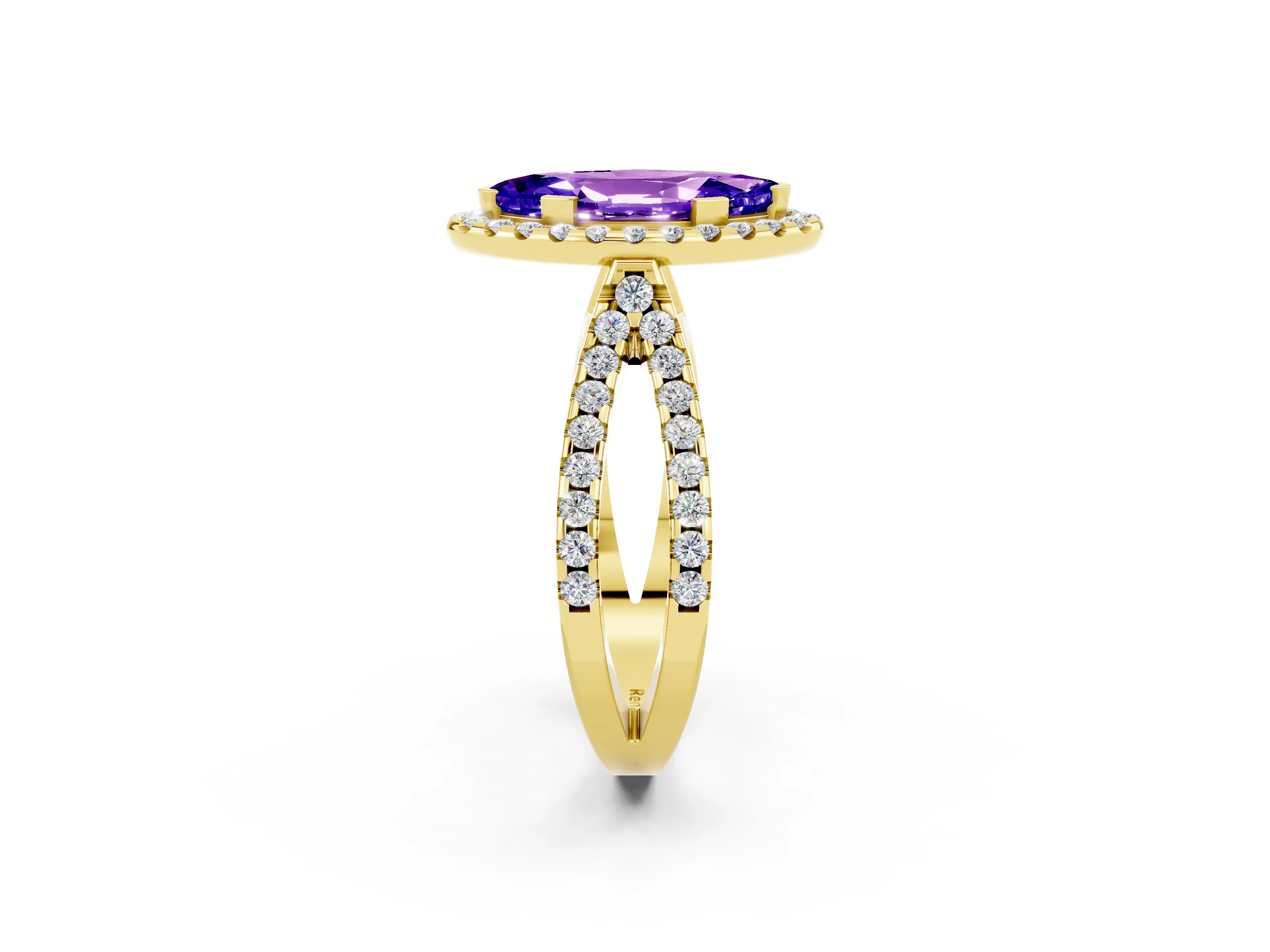 Yellow gold Marquise Cut Tanzanite Halo Ring with Split Shank Pavé Band and Prong Setting_2