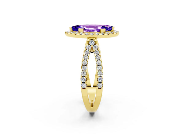 Yellow gold Marquise Cut Tanzanite Halo Ring with Split Shank Pavé Band and Prong Setting