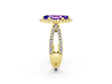 Yellow gold Marquise Cut Tanzanite Halo Ring with Split Shank Pavé Band and Prong Setting_2