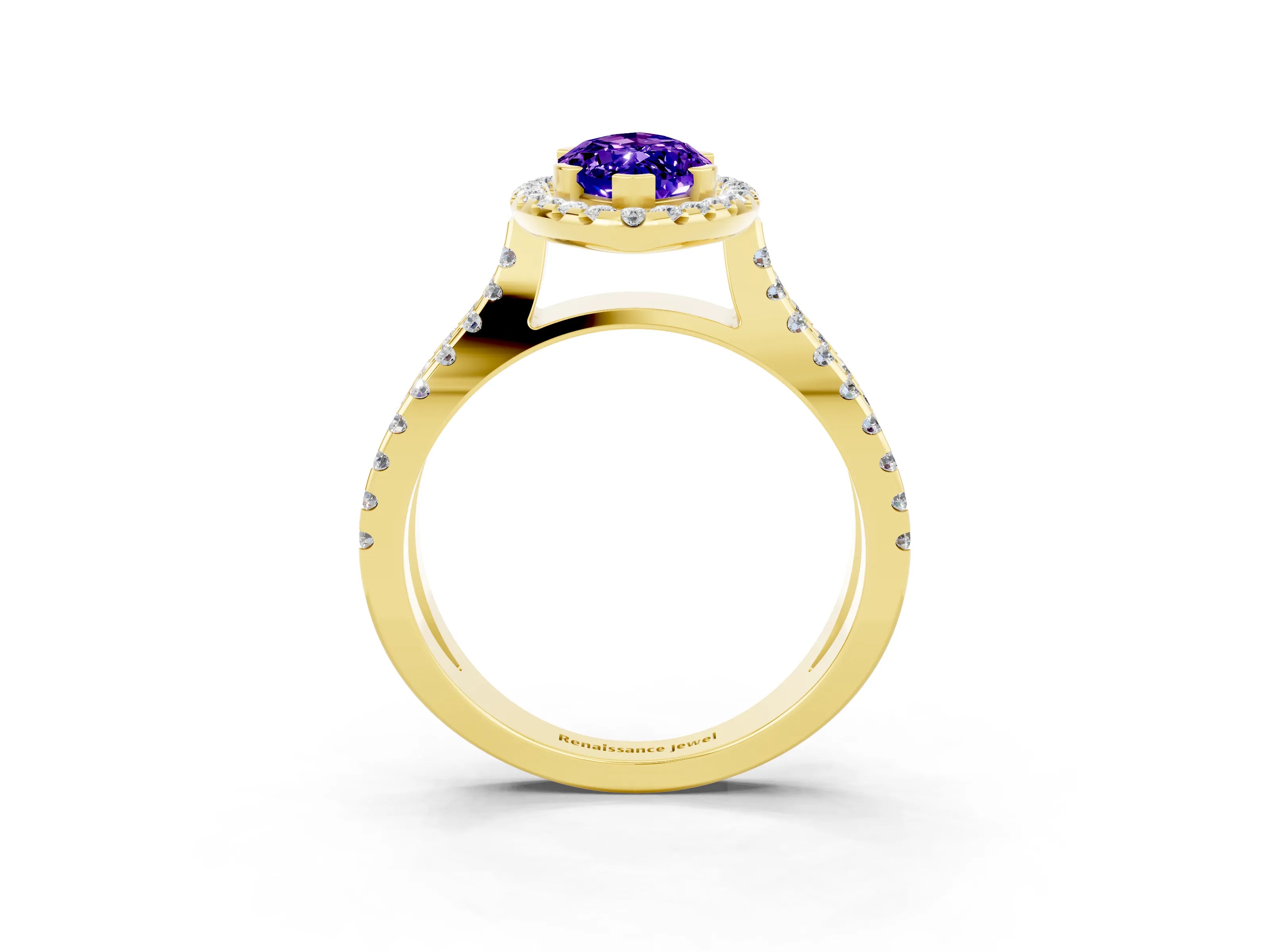 Yellow gold Marquise Cut Tanzanite Halo Ring with Split Shank Pavé Band and Prong Setting_3