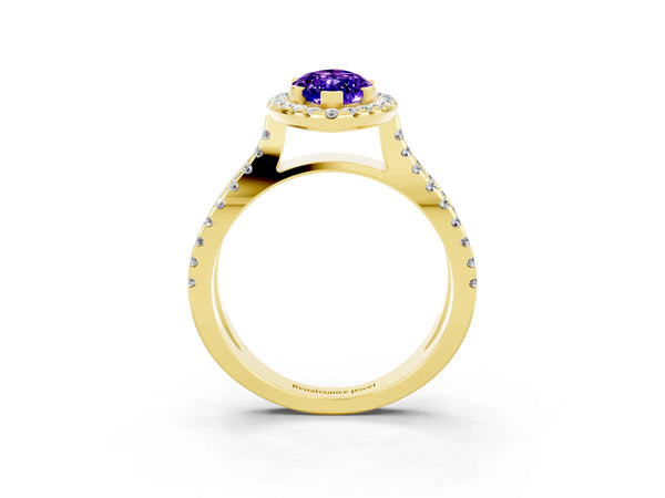 Yellow gold Marquise Cut Tanzanite Halo Ring with Split Shank Pavé Band and Prong Setting