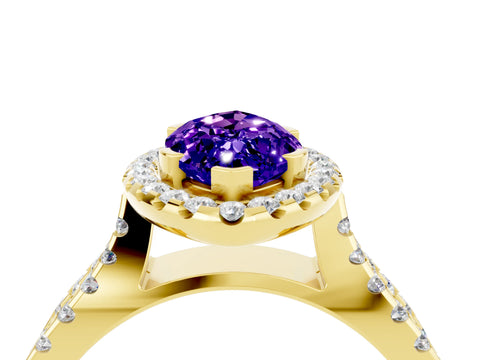 Yellow gold Marquise Cut Tanzanite Halo Ring with Split Shank Pavé Band and Prong Setting_4