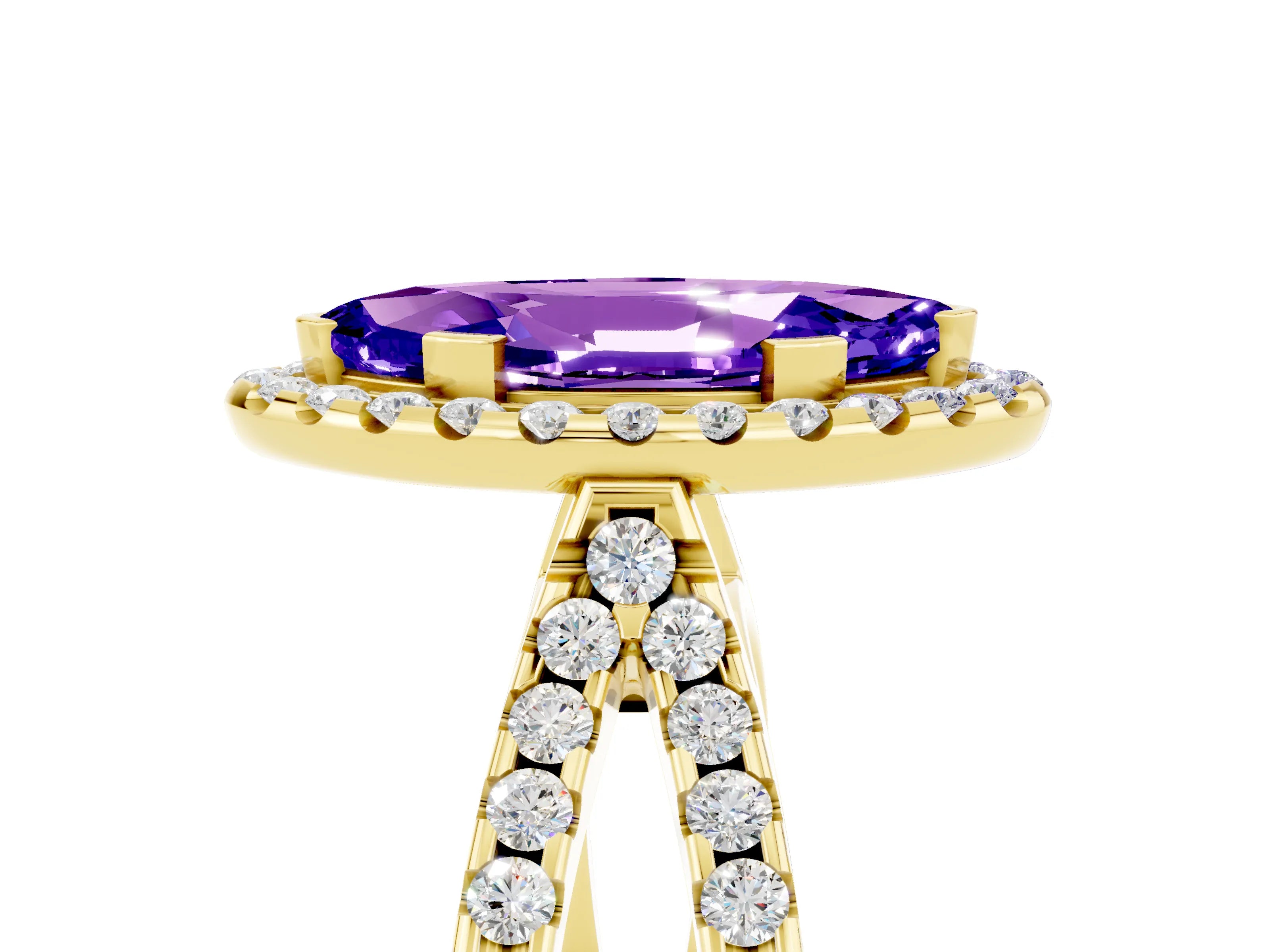 Yellow gold Marquise Cut Tanzanite Halo Ring with Split Shank Pavé Band and Prong Setting_5