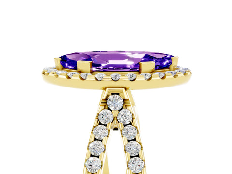 Yellow gold Marquise Cut Tanzanite Halo Ring with Split Shank Pavé Band and Prong Setting_5
