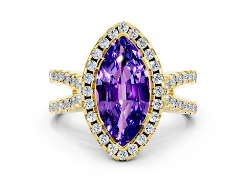 Yellow gold Marquise Cut Tanzanite Halo Ring with Split Shank Pavé Band and Prong Setting