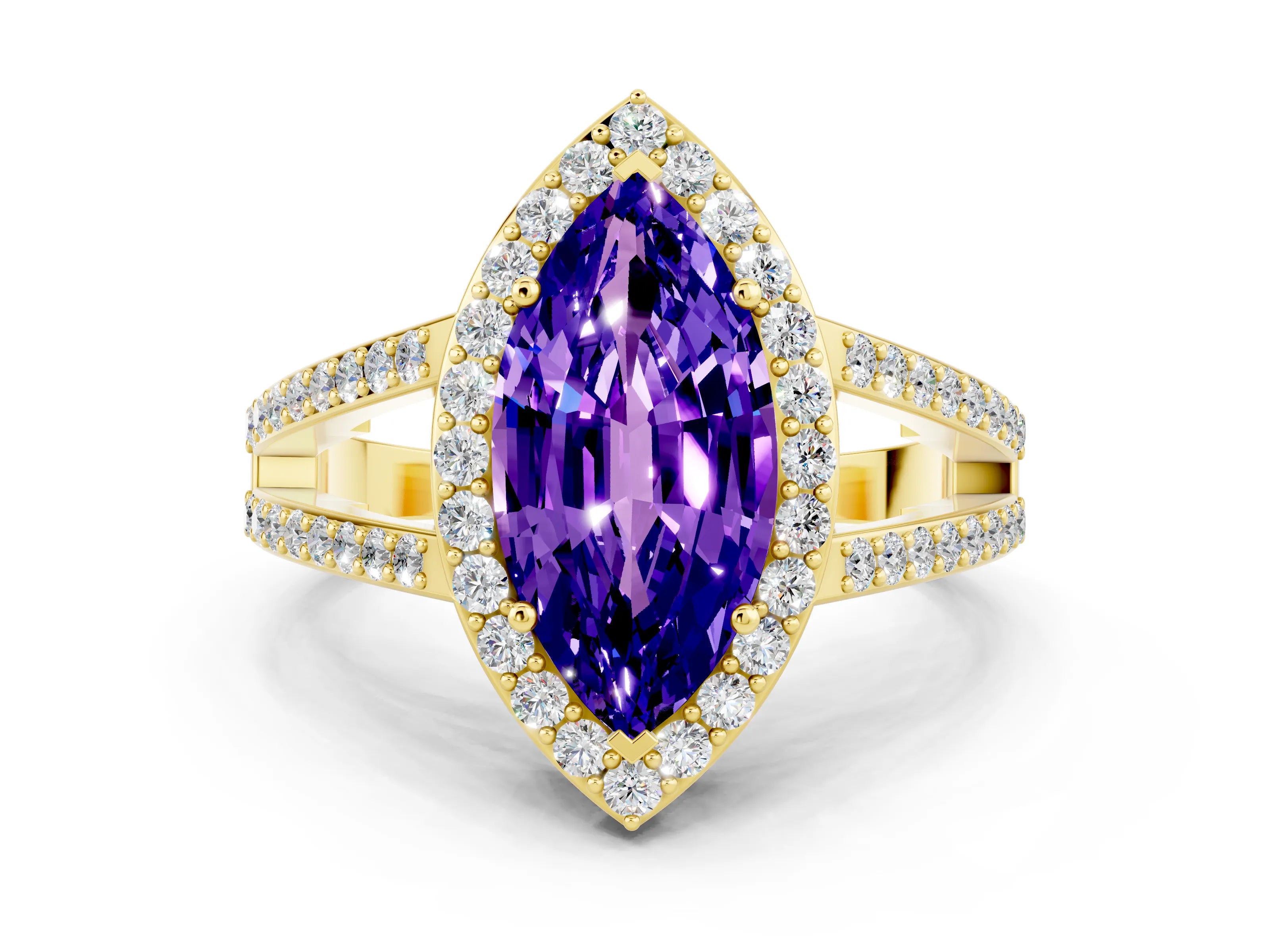 Yellow gold Marquise Cut Tanzanite Halo Ring with Split Shank U-Prong Band and Four-Prong Setting