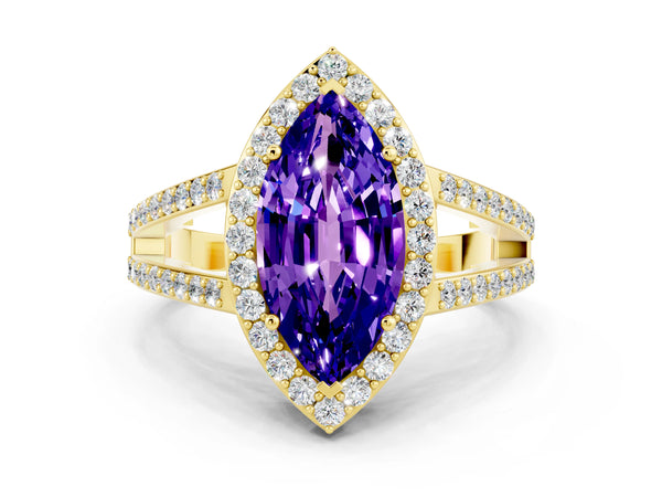 Yellow gold Marquise Cut Tanzanite Halo Ring with Split Shank U-Prong Band and Four-Prong Setting