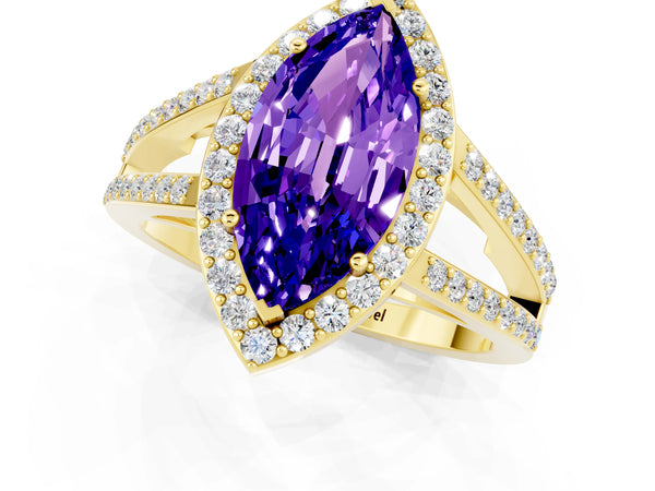 Yellow gold Marquise Cut Tanzanite Halo Ring with Split Shank U-Prong Band and Four-Prong Setting