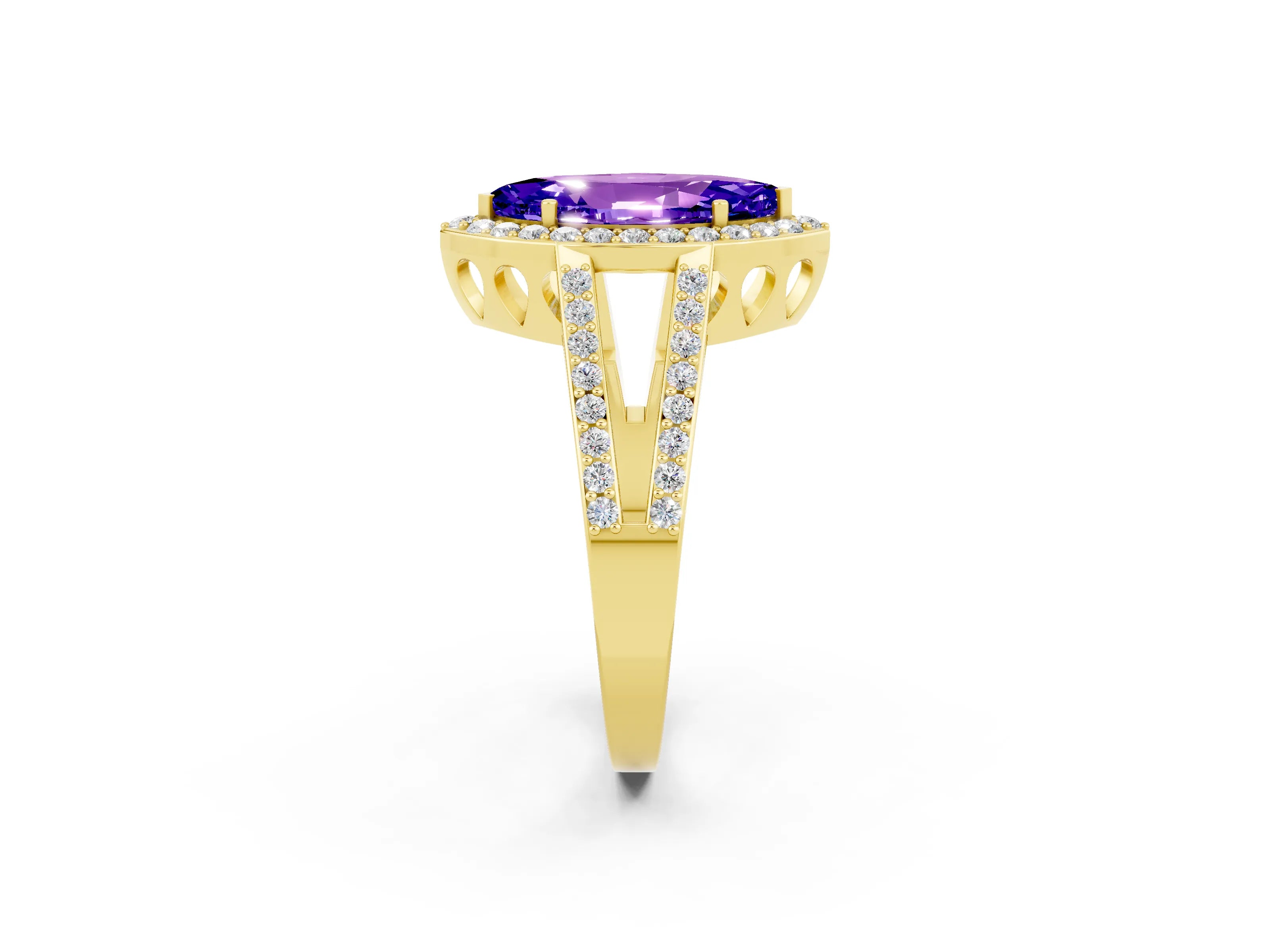Yellow gold Marquise Cut Tanzanite Halo Ring with Split Shank U-Prong Band and Four-Prong Setting_2