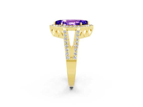 Yellow gold Marquise Cut Tanzanite Halo Ring with Split Shank U-Prong Band and Four-Prong Setting