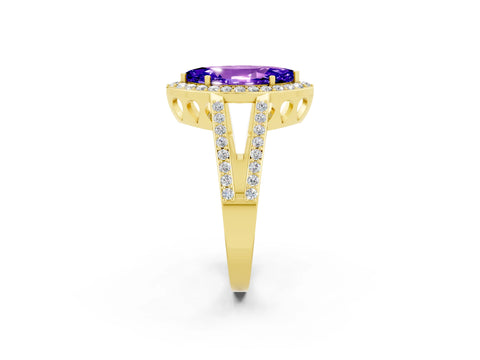 Yellow gold Marquise Cut Tanzanite Halo Ring with Split Shank U-Prong Band and Four-Prong Setting_2