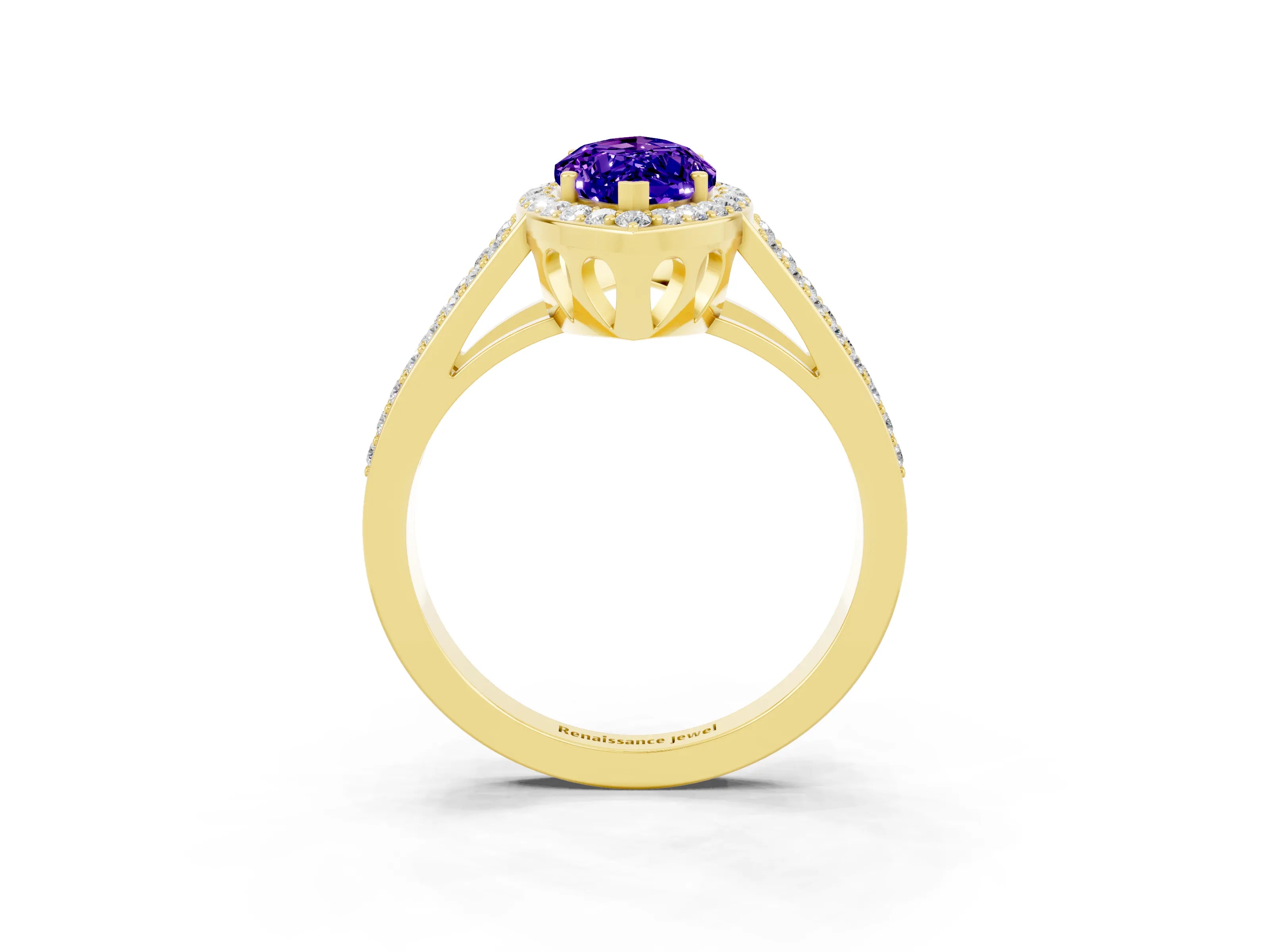 Yellow gold Marquise Cut Tanzanite Halo Ring with Split Shank U-Prong Band and Four-Prong Setting_3