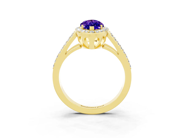 Yellow gold Marquise Cut Tanzanite Halo Ring with Split Shank U-Prong Band and Four-Prong Setting