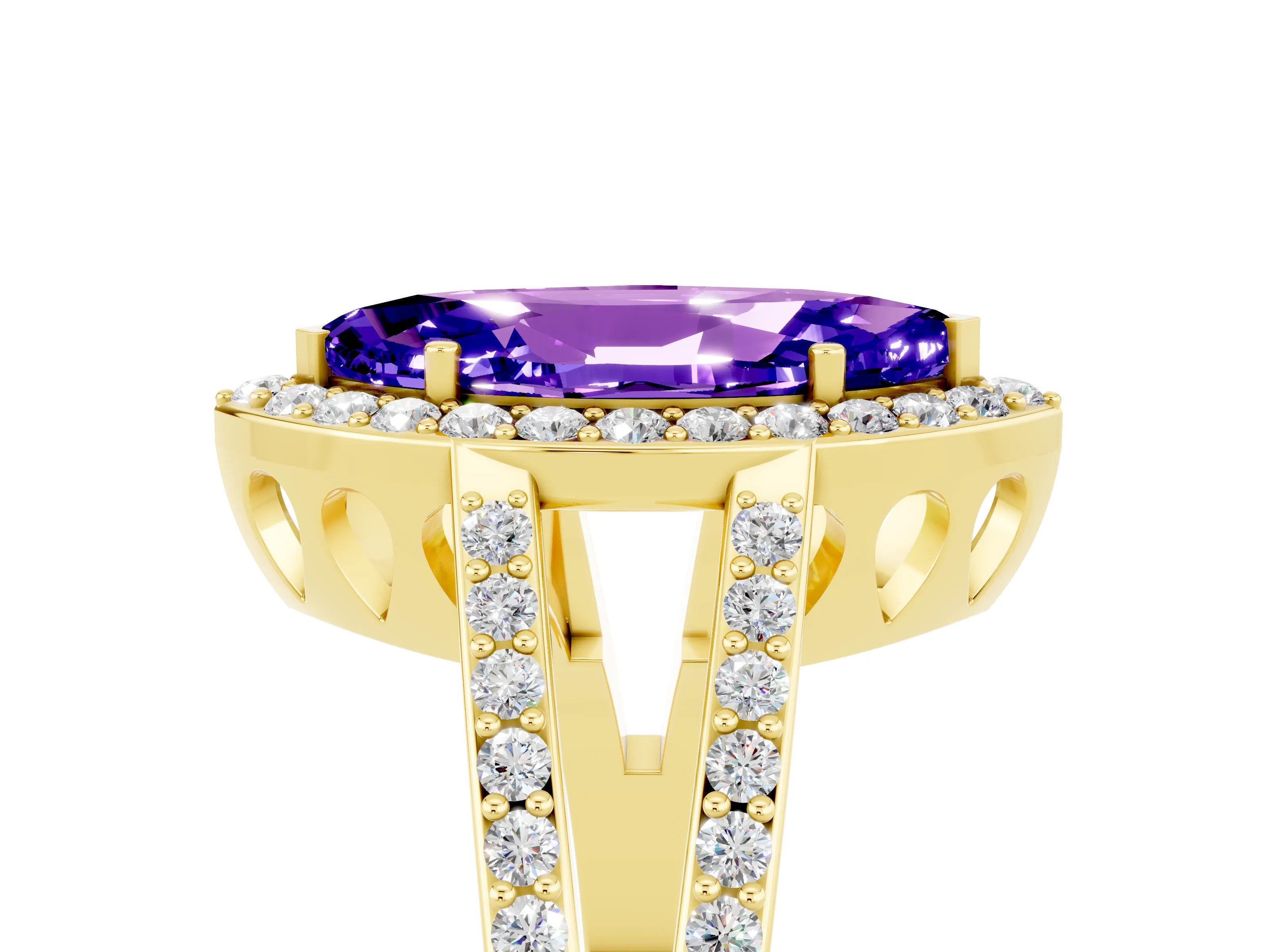 Yellow gold Marquise Cut Tanzanite Halo Ring with Split Shank U-Prong Band and Four-Prong Setting_5