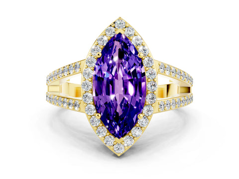 Yellow gold Marquise Cut Tanzanite Halo Ring with Split Shank U-Prong Band and Four-Prong Setting