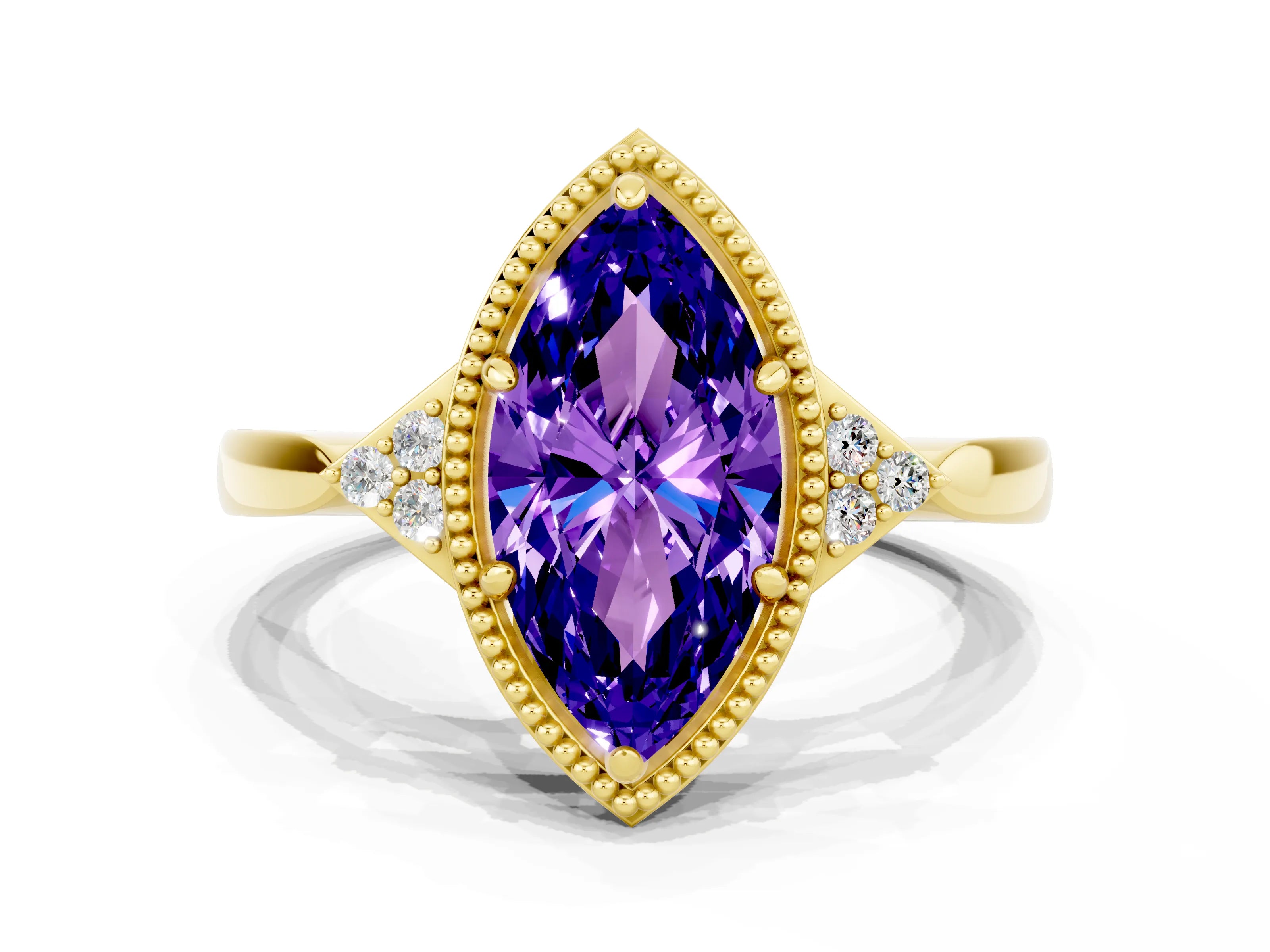 Yellow gold Marquise Cut Tanzanite Halo Ring with Tapered Band and Four-Prong Setting