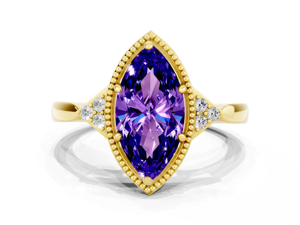 Yellow gold Marquise Cut Tanzanite Halo Ring with Tapered Band and Four-Prong Setting
