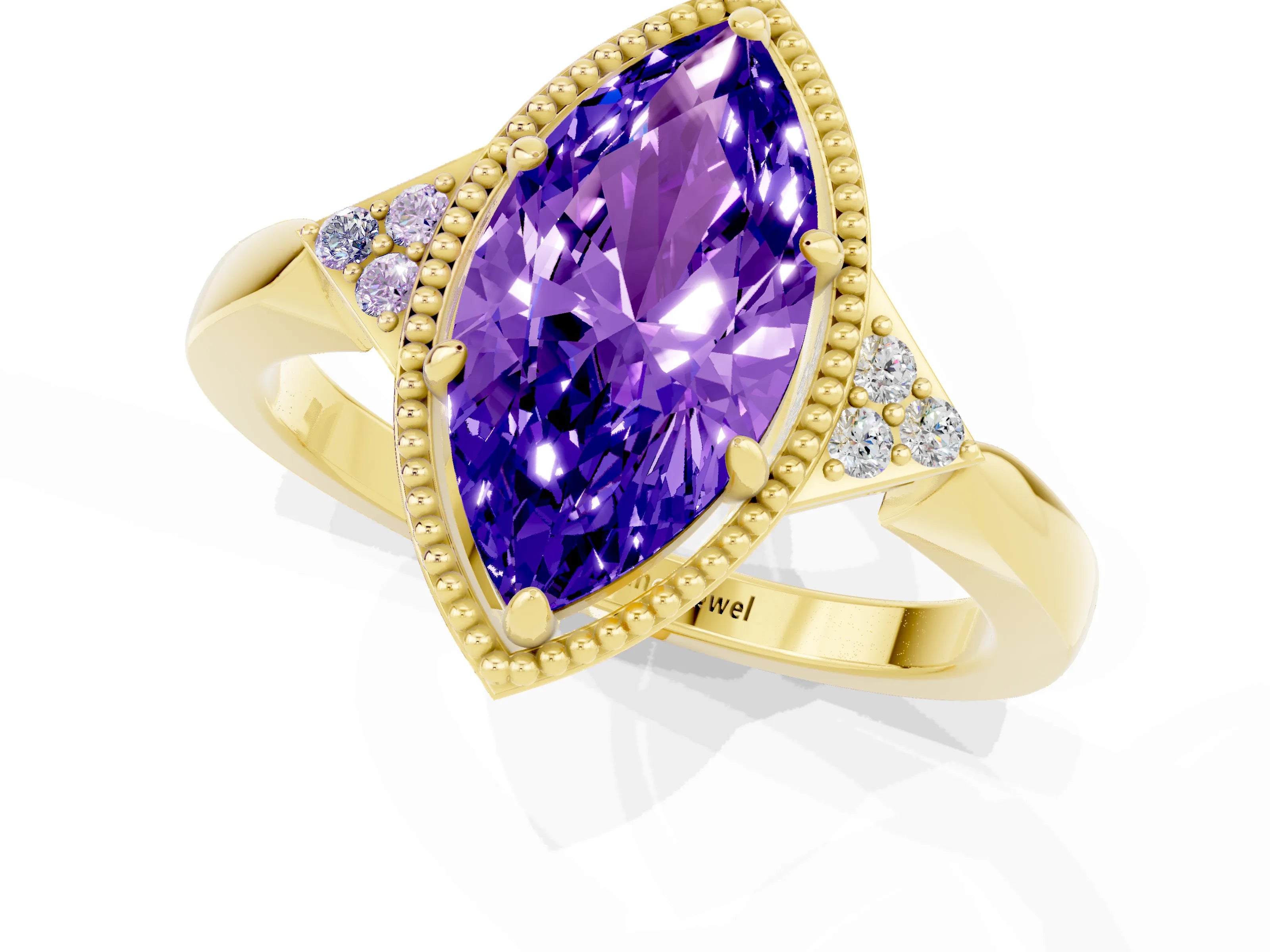 Yellow gold Marquise Cut Tanzanite Halo Ring with Tapered Band and Four-Prong Setting_1