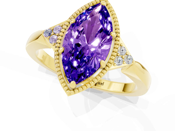 Yellow gold Marquise Cut Tanzanite Halo Ring with Tapered Band and Four-Prong Setting