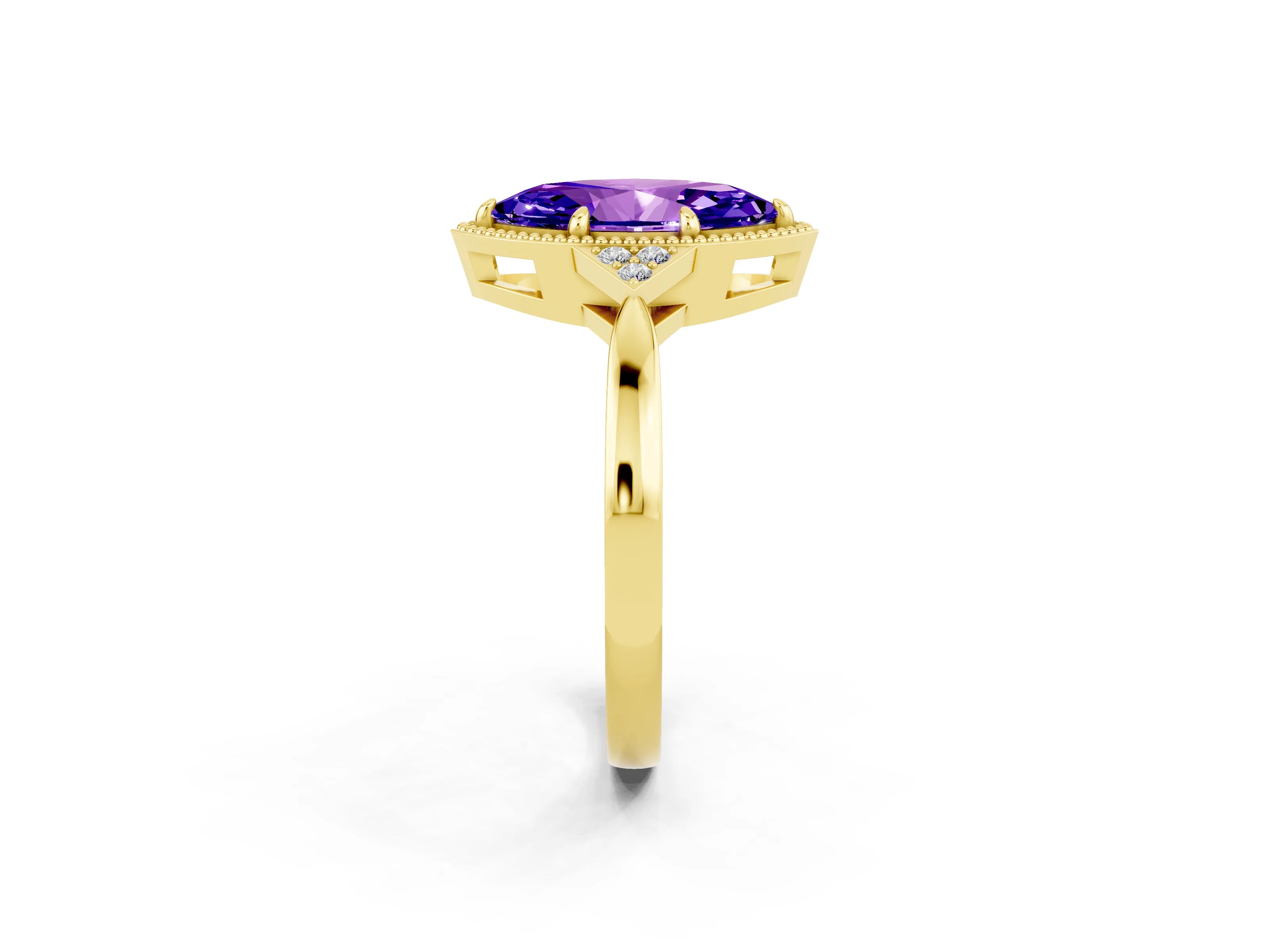 Yellow gold Marquise Cut Tanzanite Halo Ring with Tapered Band and Four-Prong Setting_2