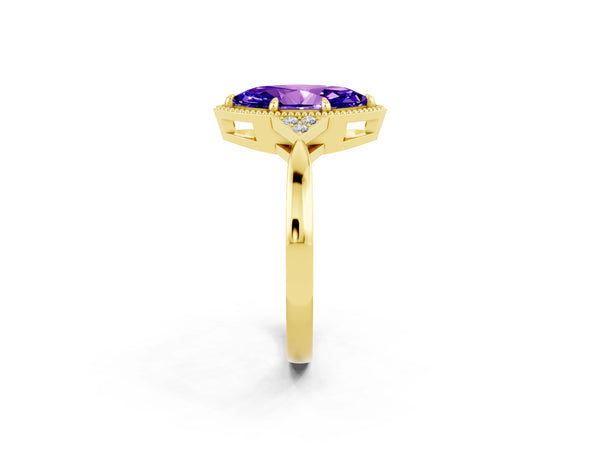Yellow gold Marquise Cut Tanzanite Halo Ring with Tapered Band and Four-Prong Setting