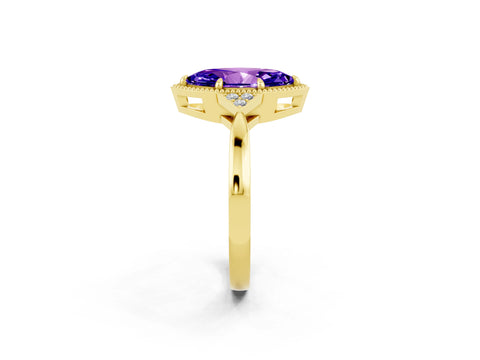 Yellow gold Marquise Cut Tanzanite Halo Ring with Tapered Band and Four-Prong Setting_2