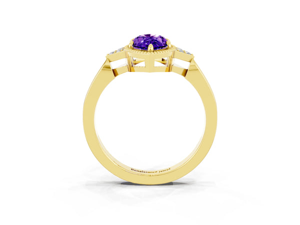 Yellow gold Marquise Cut Tanzanite Halo Ring with Tapered Band and Four-Prong Setting