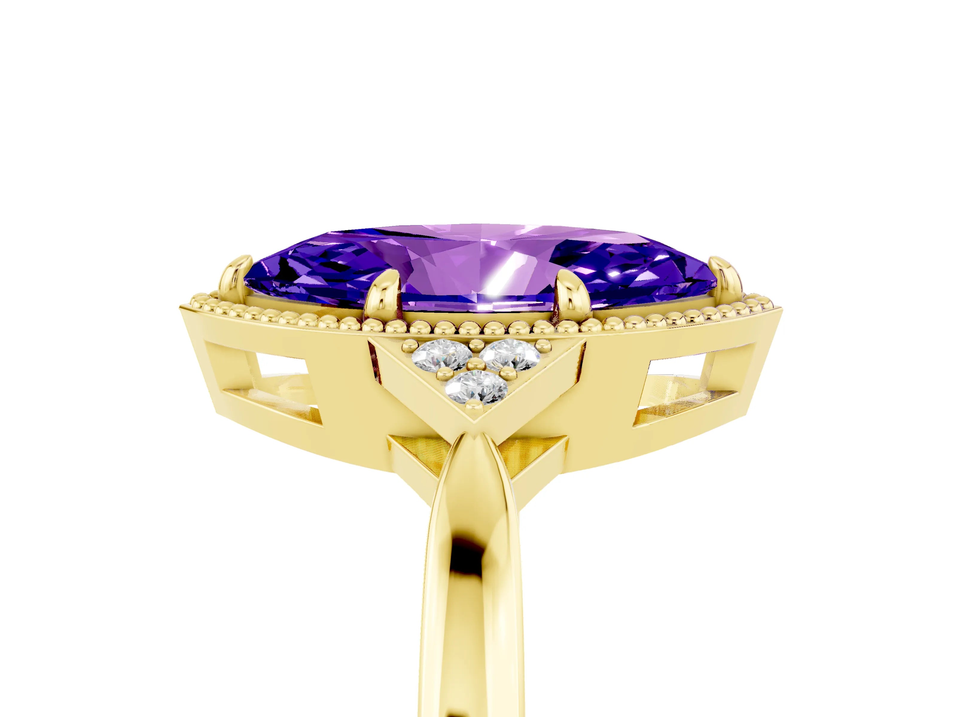 Yellow gold Marquise Cut Tanzanite Halo Ring with Tapered Band and Four-Prong Setting_5