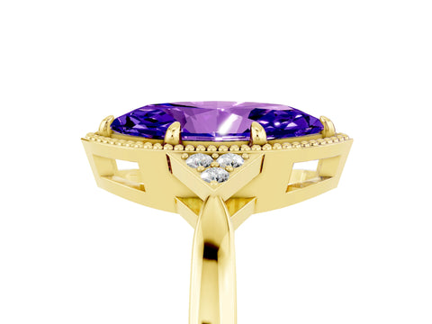 Yellow gold Marquise Cut Tanzanite Halo Ring with Tapered Band and Four-Prong Setting_5