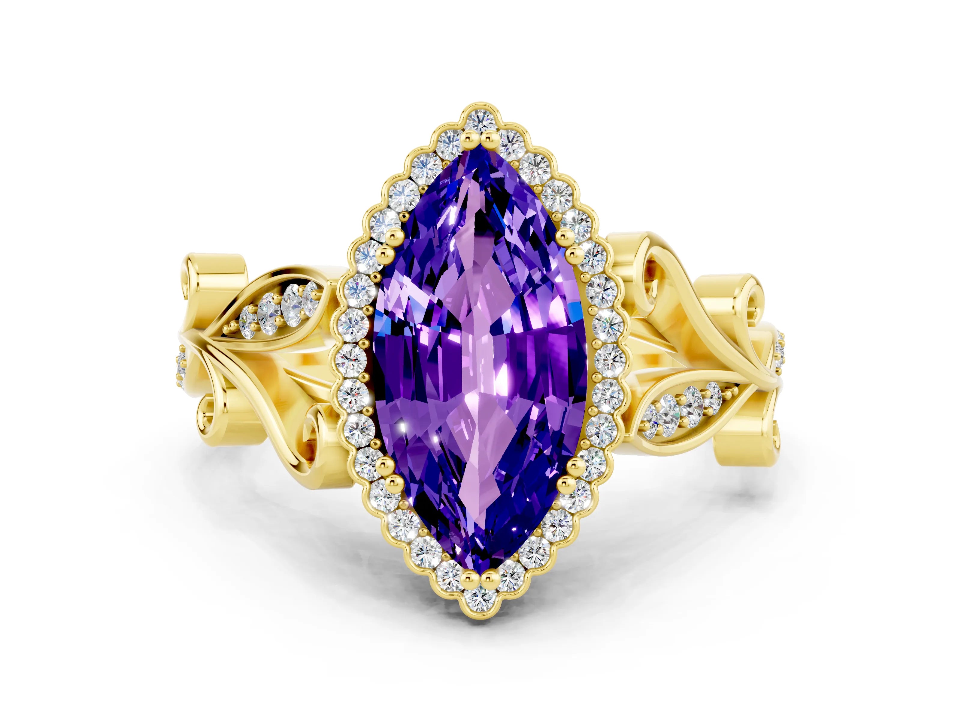 Yellow gold Marquise Cut Tanzanite Halo Ring with Vintage Split Shank and Four-Prong Setting