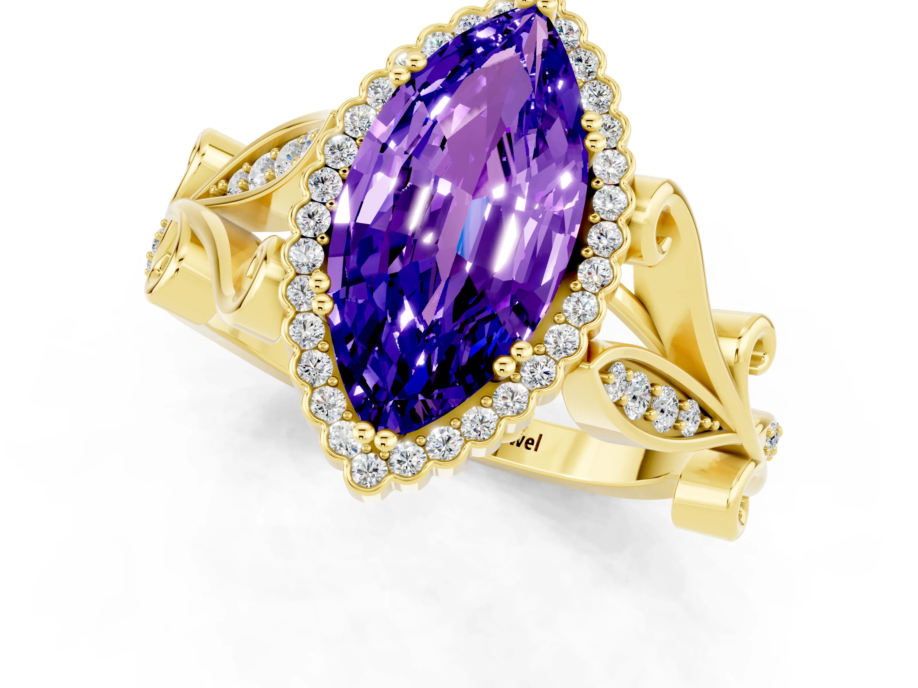 Yellow gold Marquise Cut Tanzanite Halo Ring with Vintage Split Shank and Four-Prong Setting_1