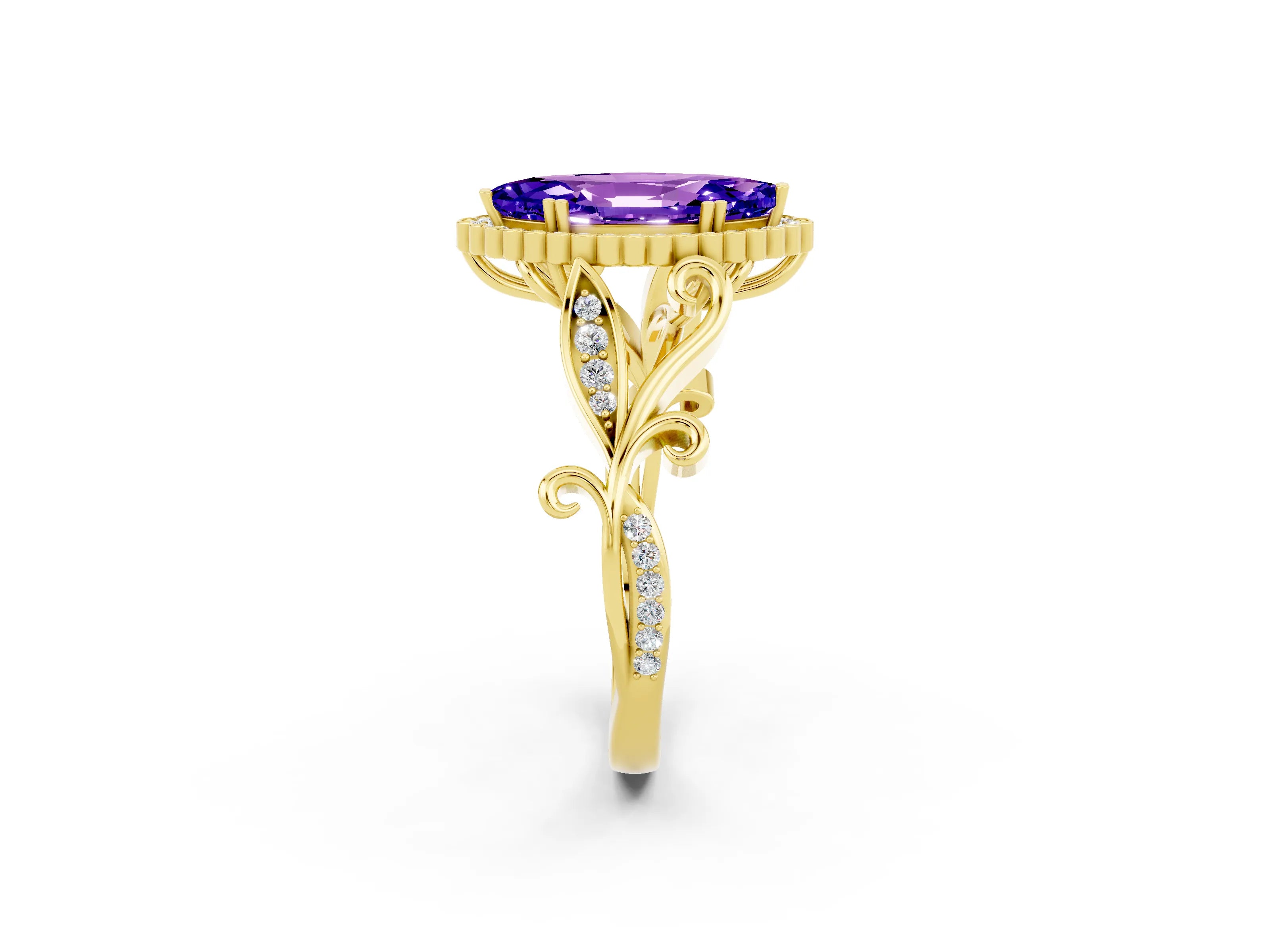 Yellow gold Marquise Cut Tanzanite Halo Ring with Vintage Split Shank and Four-Prong Setting_2