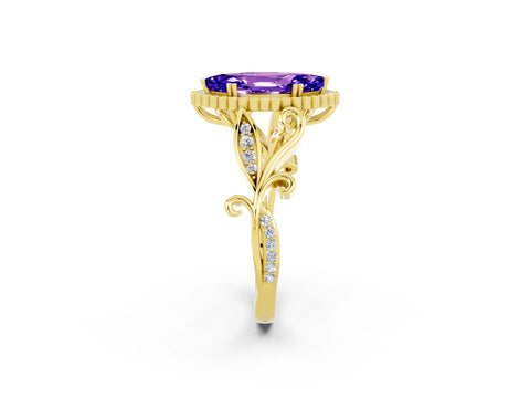 Yellow gold Marquise Cut Tanzanite Halo Ring with Vintage Split Shank and Four-Prong Setting_2