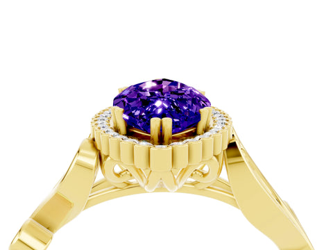 Yellow gold Marquise Cut Tanzanite Halo Ring with Vintage Split Shank and Four-Prong Setting_4