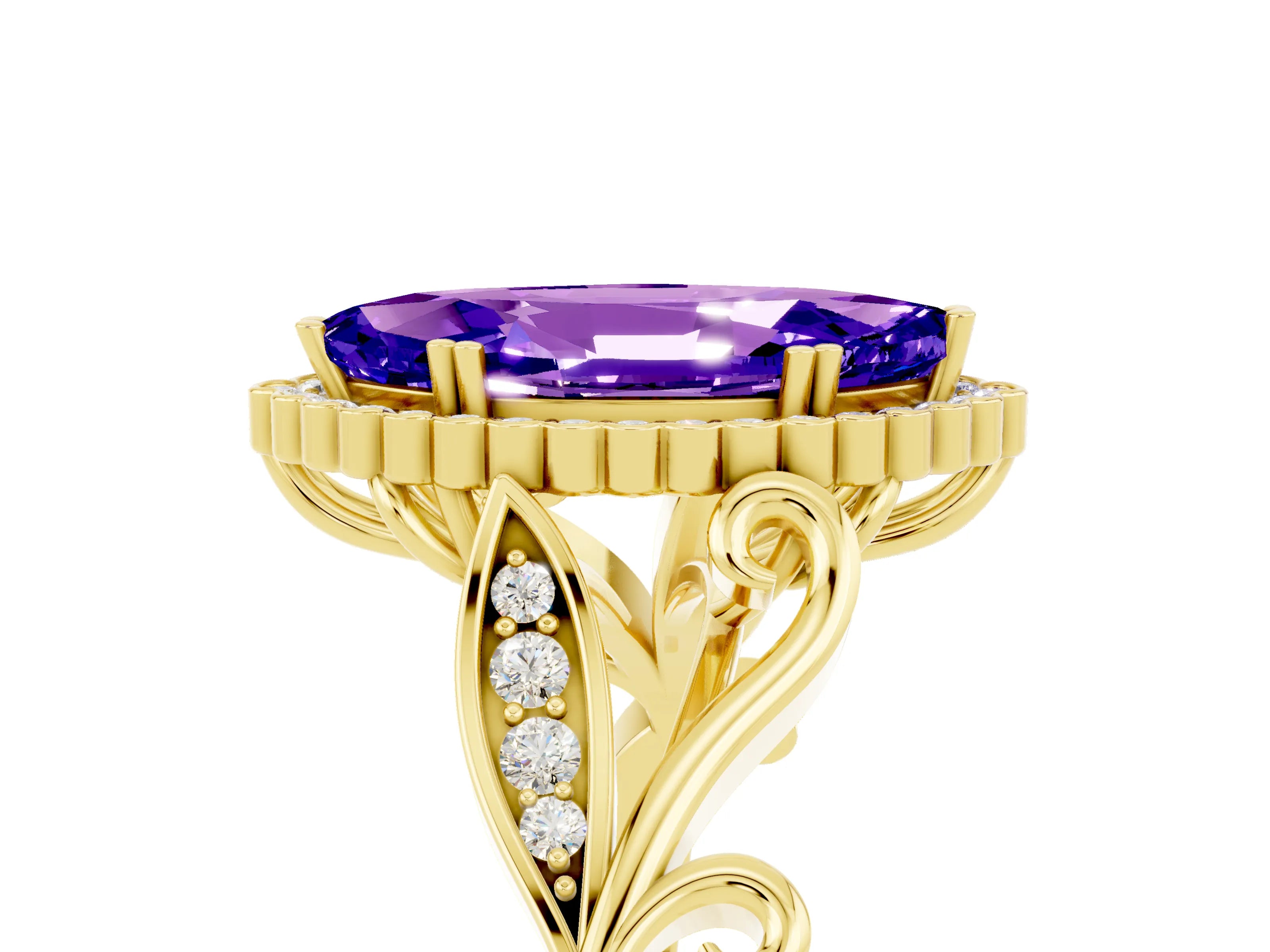 Yellow gold Marquise Cut Tanzanite Halo Ring with Vintage Split Shank and Four-Prong Setting_5