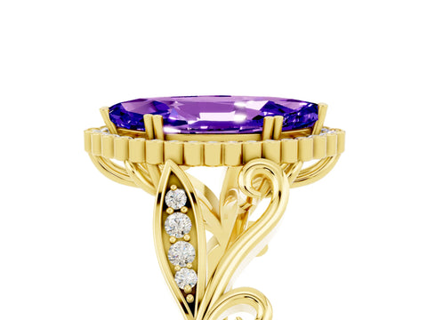 Yellow gold Marquise Cut Tanzanite Halo Ring with Vintage Split Shank and Four-Prong Setting_5