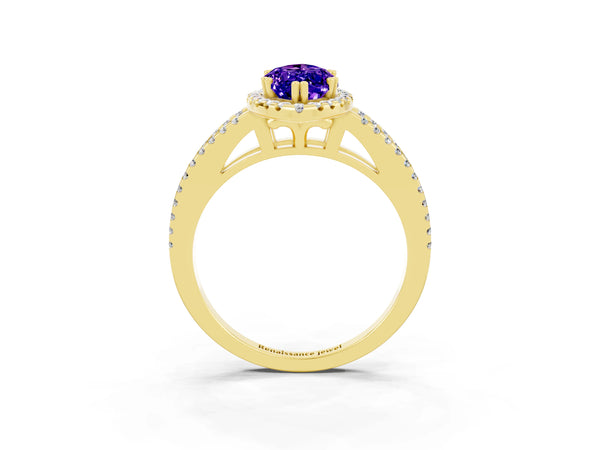 Yellow gold Marquise Cut Tanzanite Halo Split Shank Engagement Ring