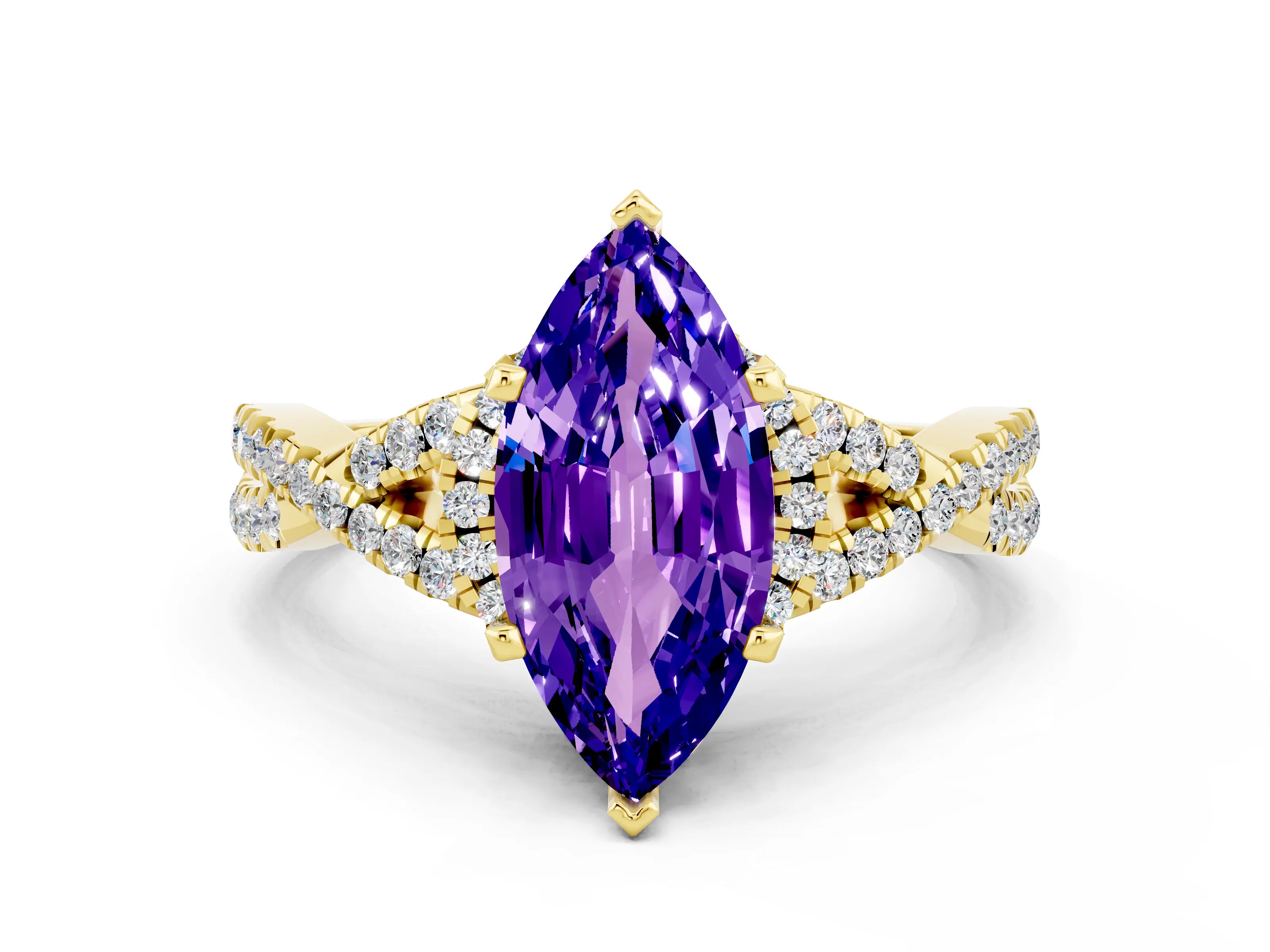 Yellow gold Marquise Cut Tanzanite Halo Twist Band Solitaire Prong Setting Ring